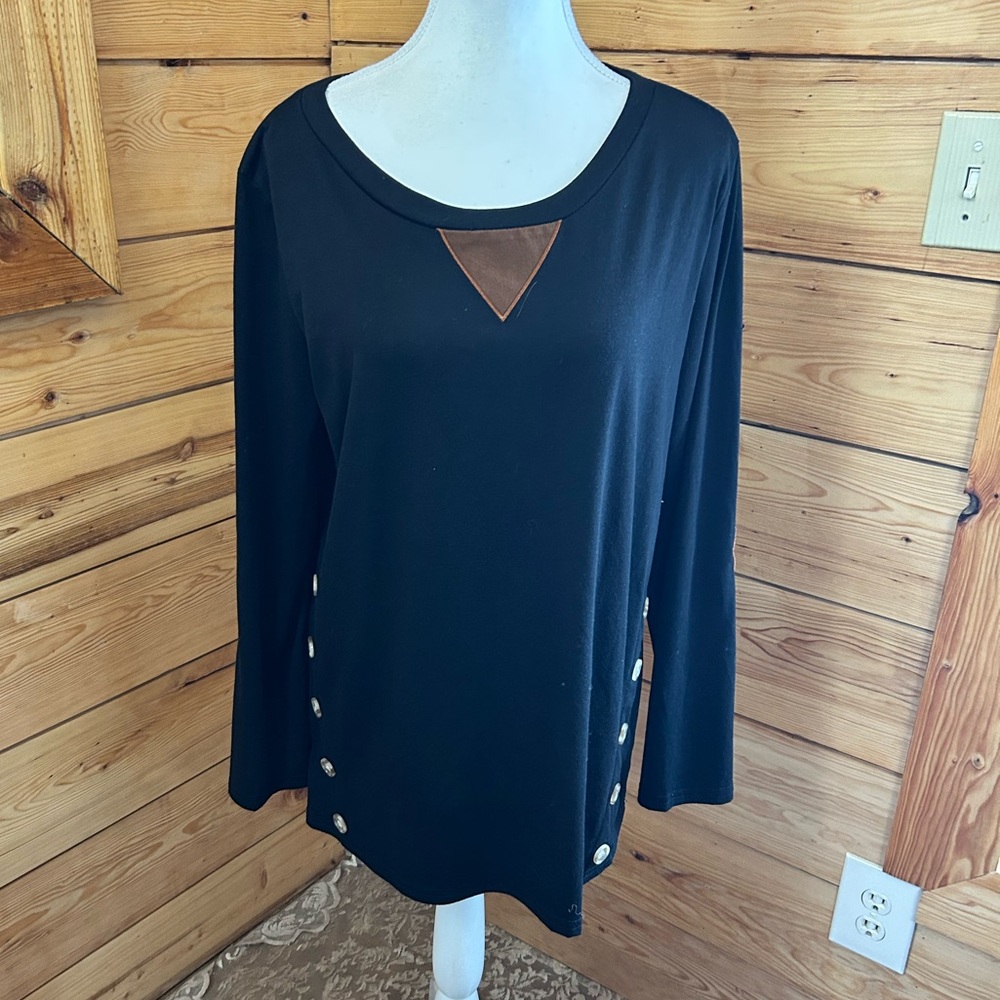 Vintage Black Long Sleeve Top Faux Suede Elbow Patches Womens Large